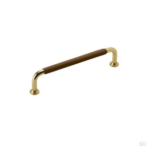 Удлиненная мебельная ручка 1353 128 Brass Brown Leather