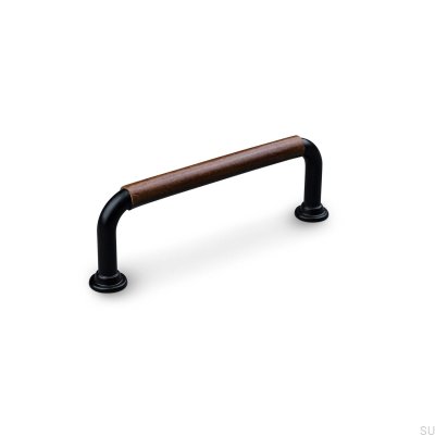  Ручка мебельная продолговатая Burano Swept 96, металл, черная с коричневой кожей