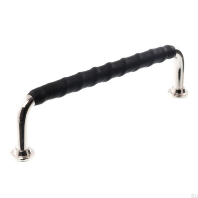 Продолговатая мебельная ручка LL 1353 128 Полированный никель с черной кожей