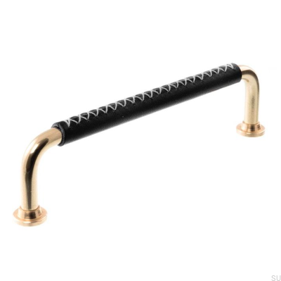 Продолговатая мебельная ручка LX 1353 128 Полированная латунь с черной кожей