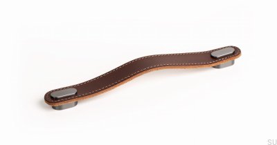 Удлиненная мебельная ручка Oblong Brown Leather with Brushed Grey