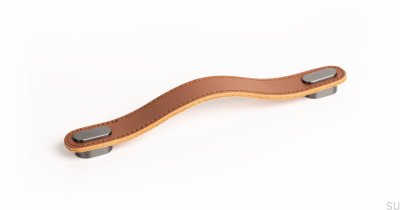 Удлиненная мебельная ручка Oblong Beige Leather with Brushed Grey