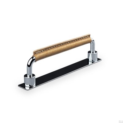 Продолговатая мебельная ручка Asissi 128, полированный хром и светло-коричневая кожа