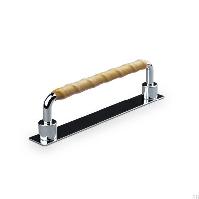 Продолговатая мебельная ручка Asissi Wrapped 128, полированный хром и светло-коричневая кожа