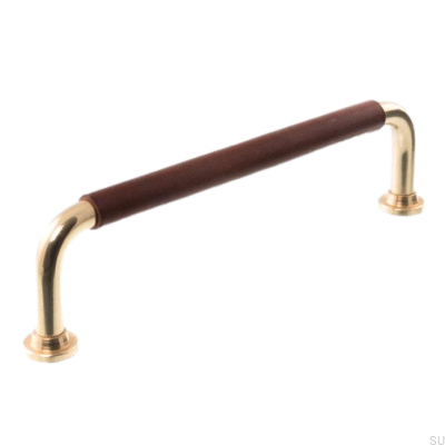 Ручка мебельная продолговатая 0132LS 1353 128 Полированная латунь с коричневой кожей