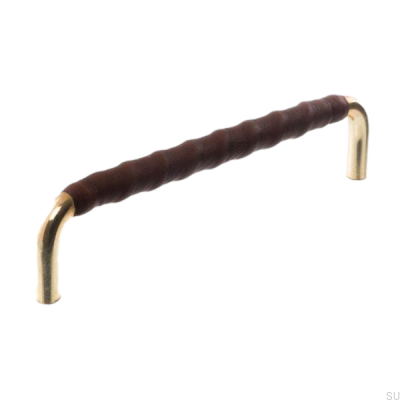 Продолговатая мебельная ручка LL 7353 128 Полированное золото с темно-коричневой кожей