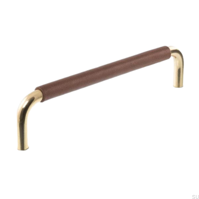 Продолговатая мебельная ручка LS 7353 96 Полированное золото с коричневой кожей