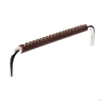 Продолговатая мебельная ручка LX 7353 128 Полированный никель с темно-коричневой кожей