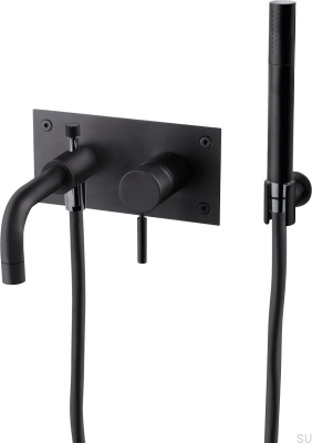 Смеситель для ванны и душа с душевой лейкой и шлангом BOX026, матовая черная латунь