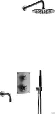 Душевой набор с термостатическим смесителем и изливом для ванны BOX7368 ED2 Латунь Черный Хром Матовый