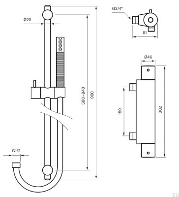 Душевой комплект с термостатическим смесителем EVM168-150+ZSAL300 Matt Black Brass