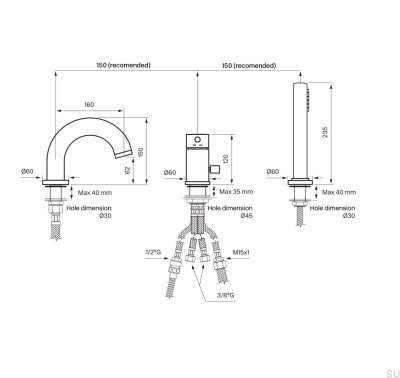 Смеситель для ванны на три отверстия с изливом и душевой лейкой BI047, Honey Gold Brass
