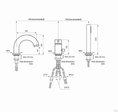 Смеситель для ванны на три отверстия с изливом и душевой трубкой BI047, Матовая черная латунь