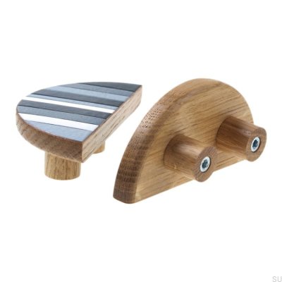 Мебельная ручка с эмалевым покрытием цвета «серый 100 медь» с твердым маслом из дуба, прозрачная, полуматовая (справа)