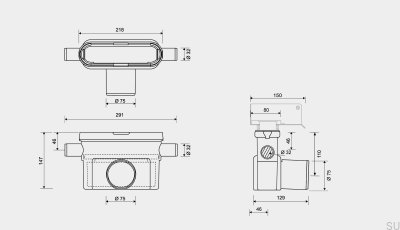 Сливной модуль с горизонтальным выпуском 75 мм со съемным сифоном и двумя боковыми подключениями