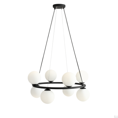 Подвесной светильник Krone 8 из металла черного цвета с молочным абажуром