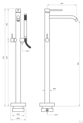 Отдельно стоящий смеситель для ванны с душевой лейкой EVM032, полированная латунь, нелакированный