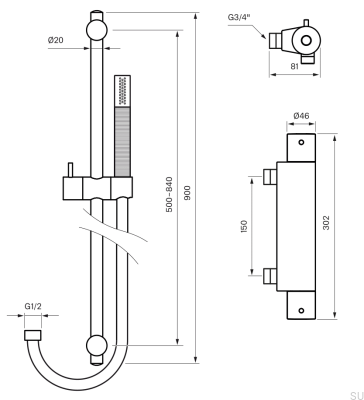 Смеситель для душа EVM168 с душевым гарнитуром ZSAL300, латунь, черный, матовый хром