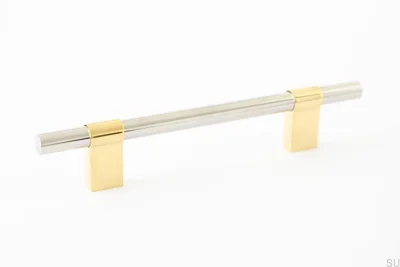Продолговатая мебельная ручка Line Big Mix 128 из полированной латуни с полированной сталью
