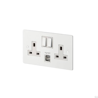 Двойная розетка с USB-портом Type G (UK 2G), сталь, белый цвет, британский стандарт.