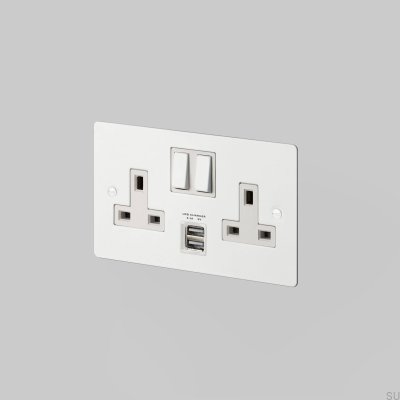 Двойная розетка с USB-портом Type G (UK 2G), сталь, белый цвет, британский стандарт.
