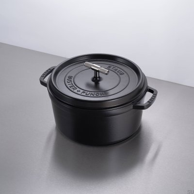 Кастрюля Cocotte Staub 6,7 л из черной стали с серебристой рифленой ручкой