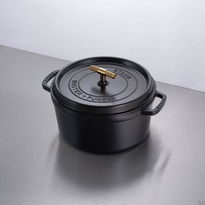 Кастрюля-кокотница Staub 6,7 л, черная сталь, рифленая латунная ручка.