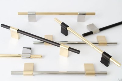 Продолговатая мебельная ручка Line Mix 128. Полированная латунь, неокрашенная, с матовой сталью.